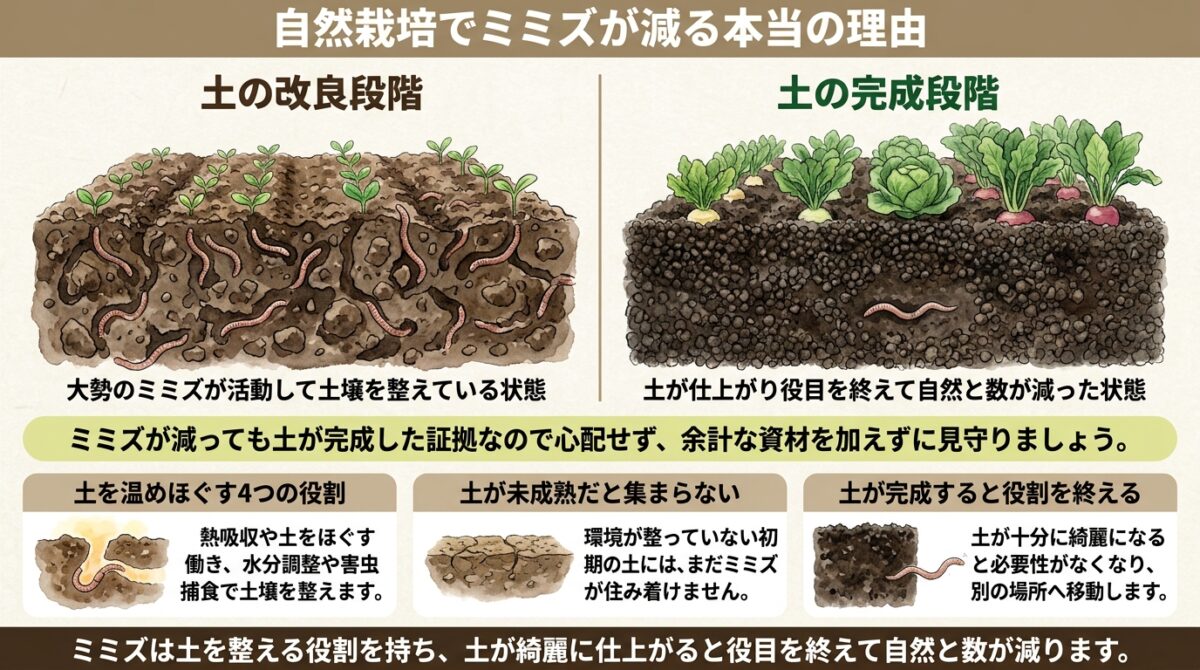 自然栽培におけるミミズの4つの役割と土が綺麗になると数が減る理由