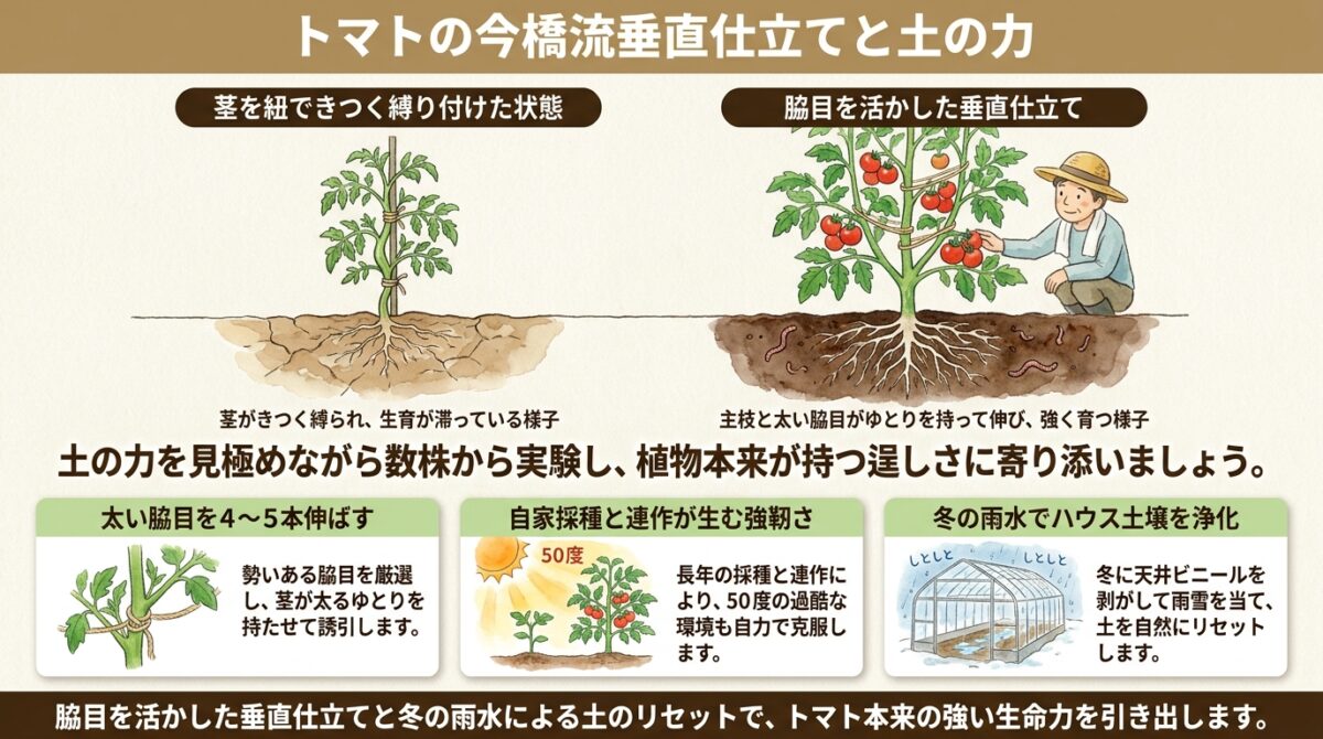 トマトの今橋流垂直仕立てと土の力