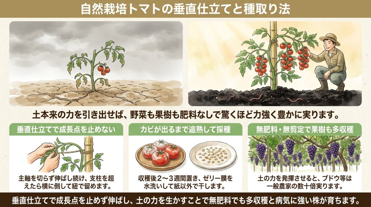 自然栽培のトマト垂直仕立てと果樹の多収穫!今橋さんの栽培技術と種取りの手順