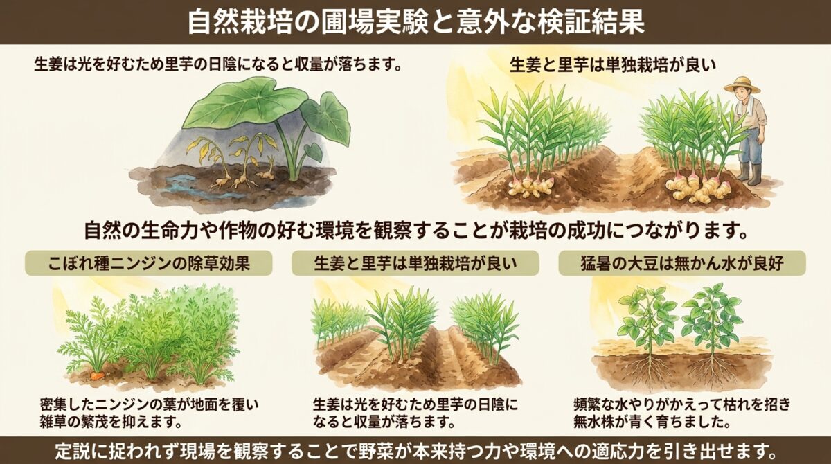 【自然農ファームツアー】人参葉で雑草を抑える仕組みと無肥料・不耕起圃場の栽培実験まとめ