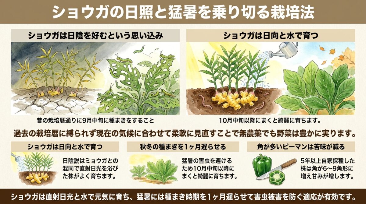 【ちょこっと自然農9年目】日当たりを好むショウガ栽培と気候変動に適応する畑の知恵