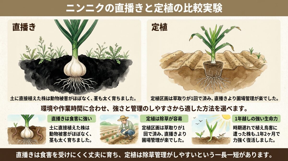 ニンニクの直播きと定植の比較実験
