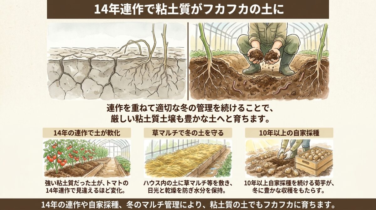14年連作で粘土質がフカフカの土に