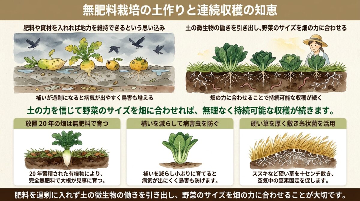 島の自然農園とまんがら農園に学ぶ、無肥料栽培の土作りと連続収穫の知恵