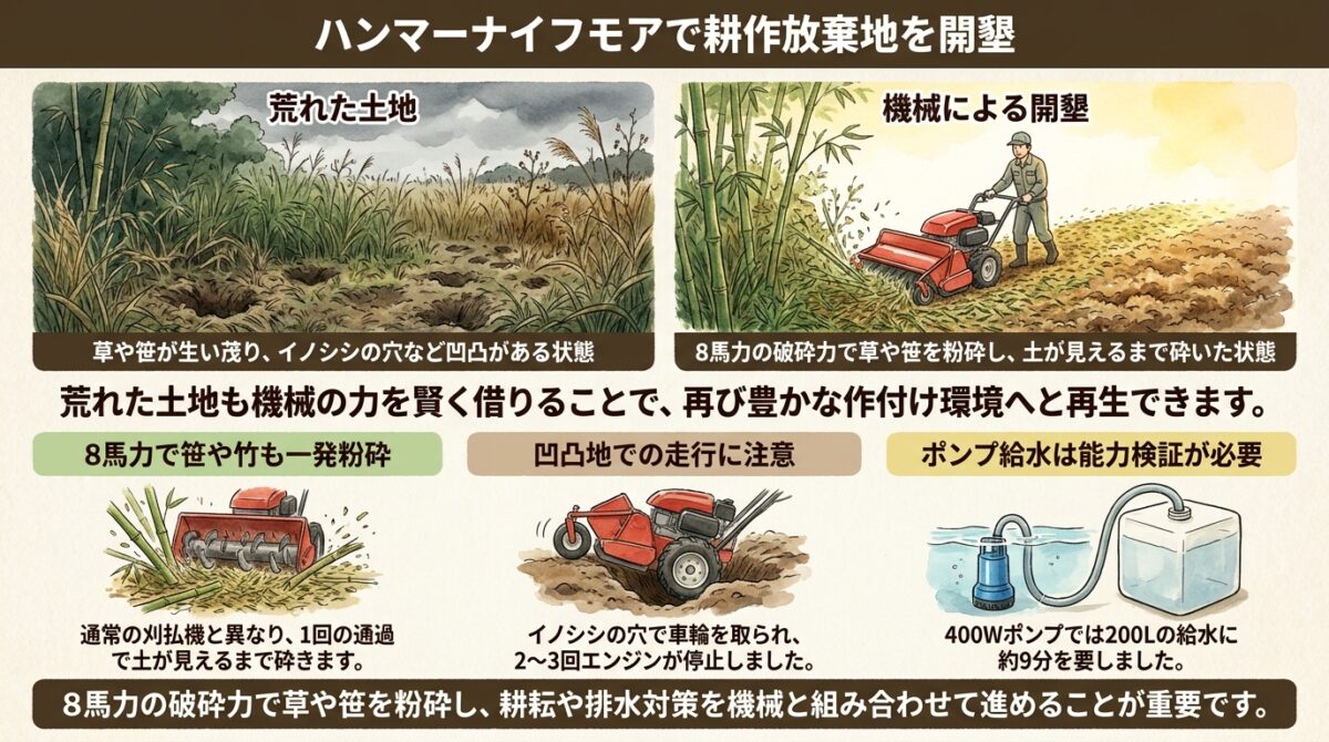 ハンマーナイフモアを活用した耕作放棄地の開墾と圃場の水対策