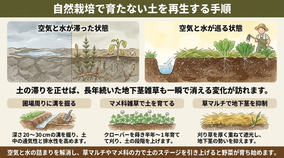 自然農20年でも「スギナ」が消えない理由とは?土のステージを上げる方法