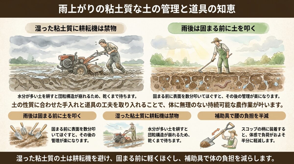 粘土質の圃場管理と作業を楽にするスコップ補助具の使い方