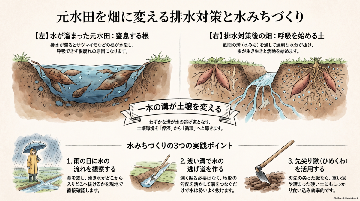 元水田を畑に変える!耕作放棄地開拓における「排水対策」と水みちづくりのリアル