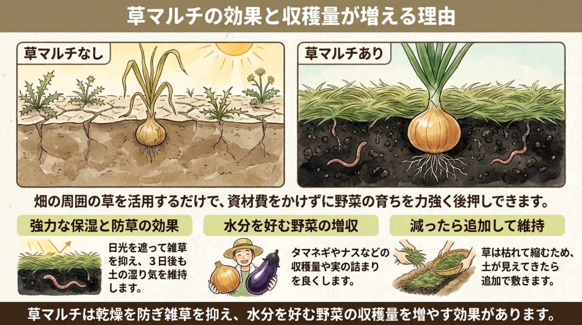 【自然栽培】草マルチで収穫量は増えるのか?効果の検証と役割のまとめ