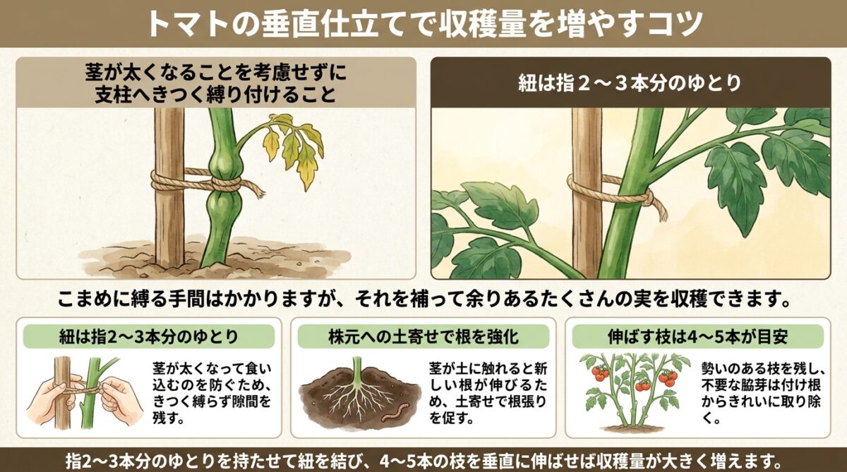 トマトの垂直仕立て実践手順とポイント|自然栽培での枝の誘引と管理
