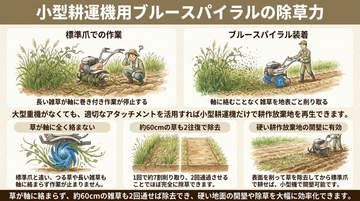【自然栽培】小型耕運機のアタッチメント「ブルースパイラル」の除草能力と活用法