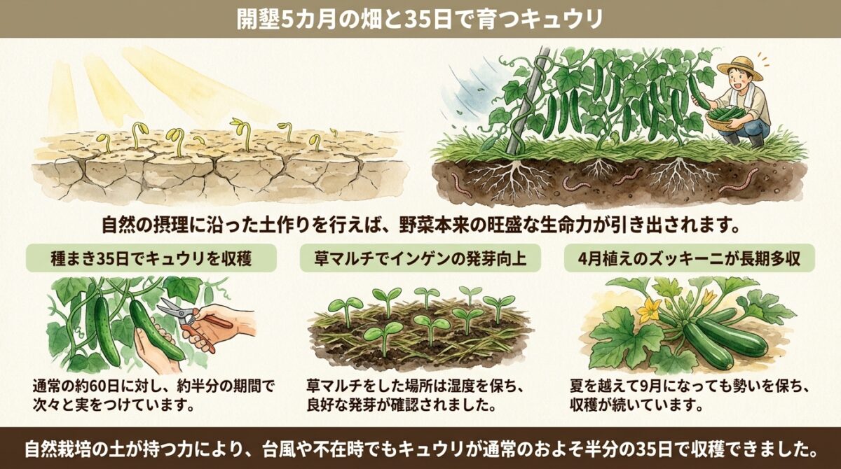 【自然栽培】開墾5カ月目のファームツアーと種まき35日で収穫できたキュウリの記録