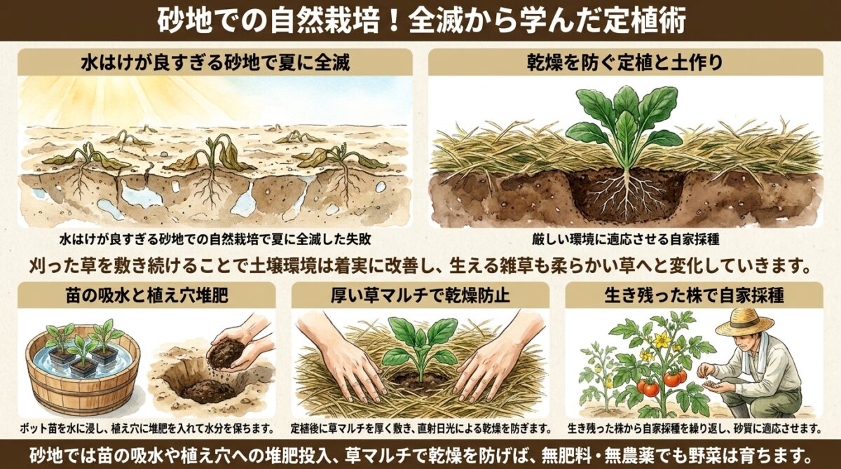砂地での自然栽培に挑む|夏の全滅から学んだ土作りと定植の工夫