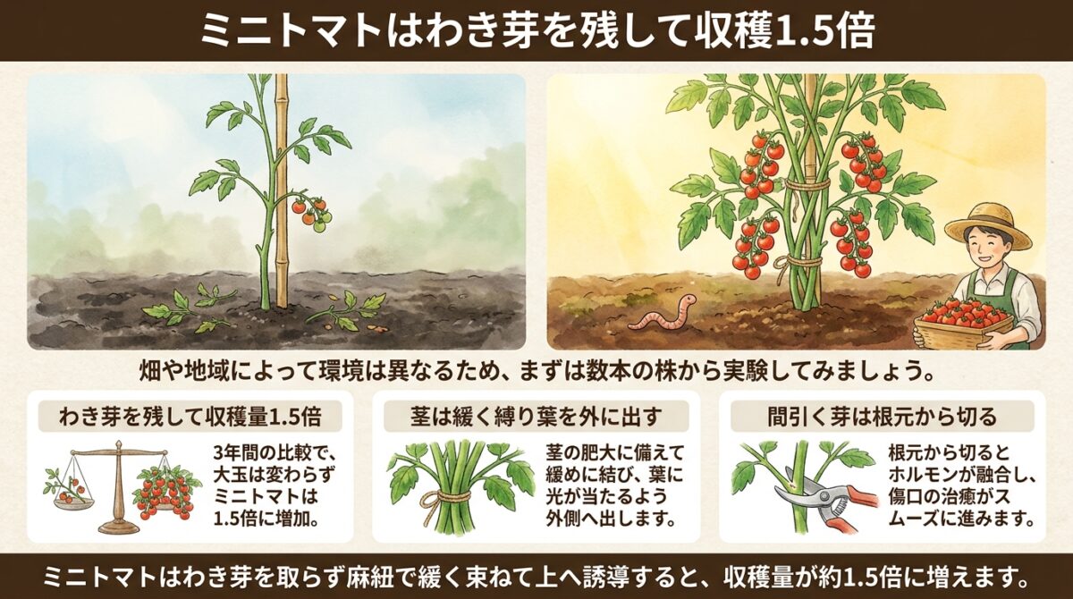 ミニトマトはわき芽を残して収穫1.5倍