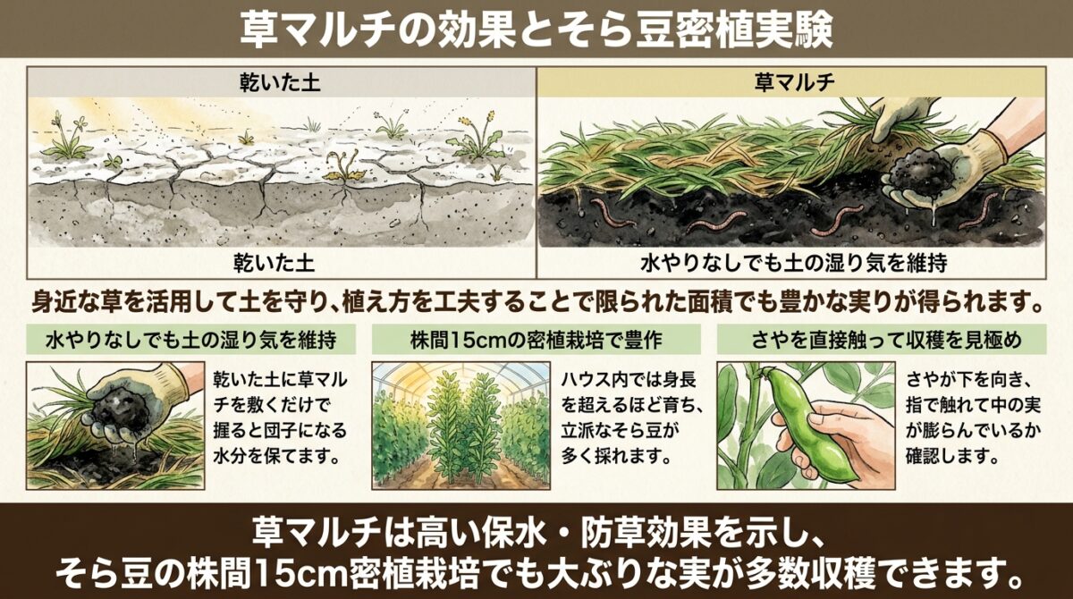 草マルチの効果とそら豆密植実験