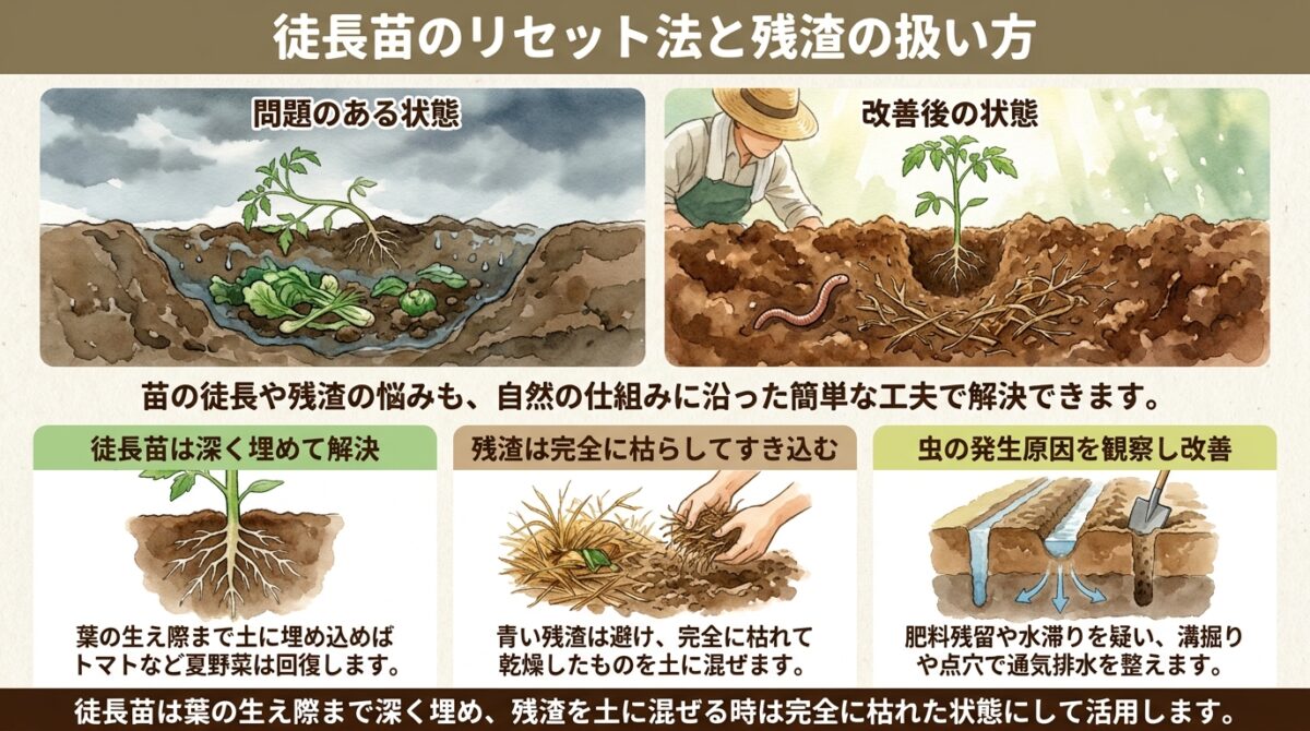 徒長苗のリセット法と残渣の扱い方