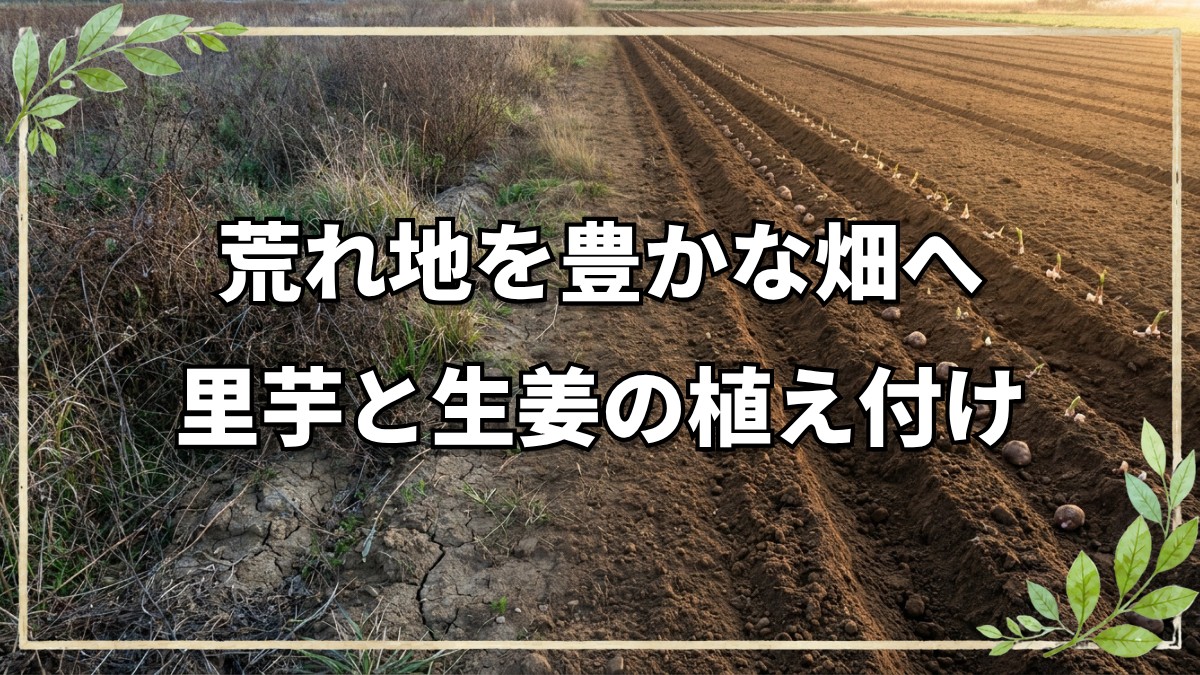 耕作放棄地の開墾と里芋・生姜の植え付け