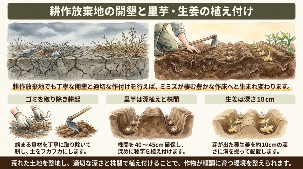 耕作放棄地の開墾と里芋・生姜の植え付け
