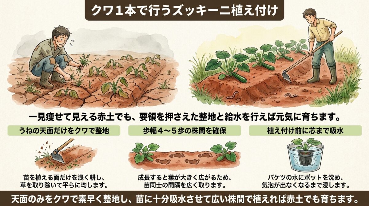 クワ1本で行うズッキーニ植え付け