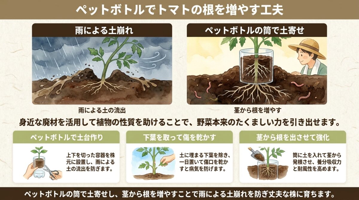 ペットボトルでトマトの根を増やす工夫
