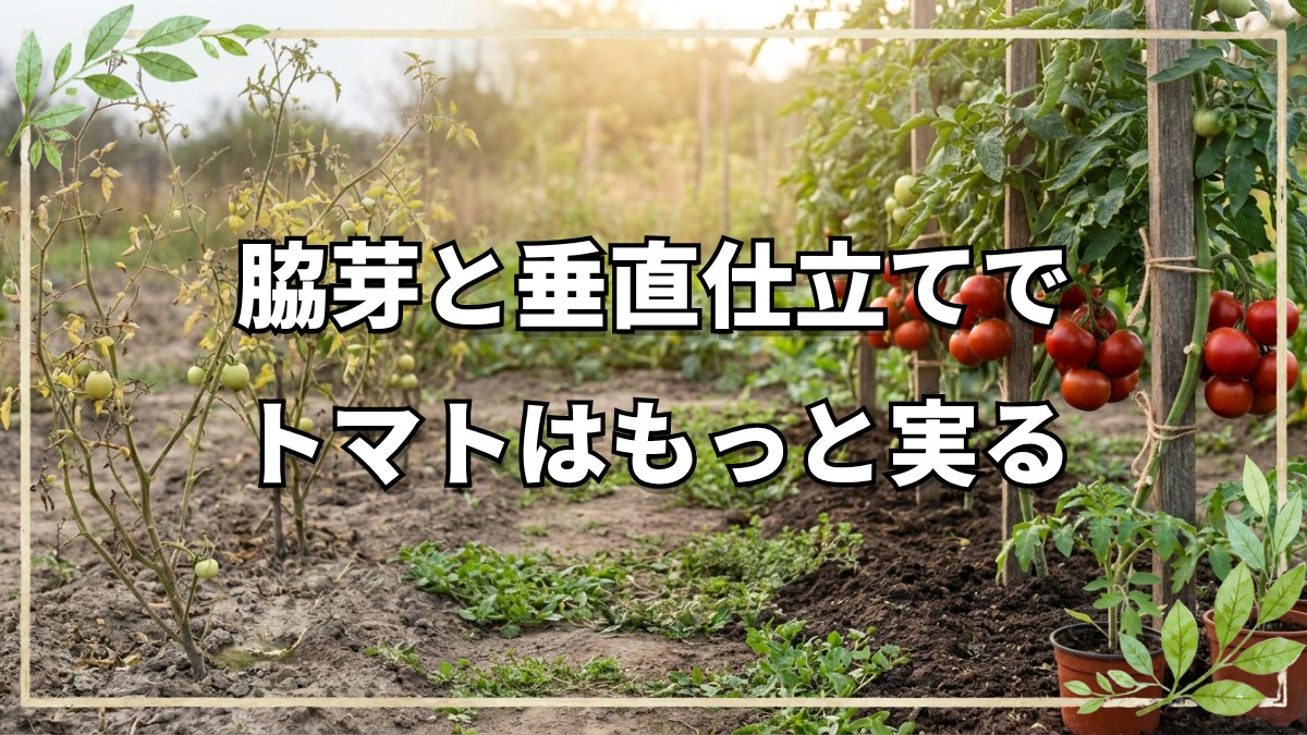 自然栽培トマトの垂直仕立てと脇芽活用