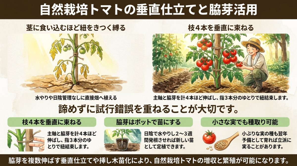 自然栽培トマトの垂直仕立てと脇芽活用