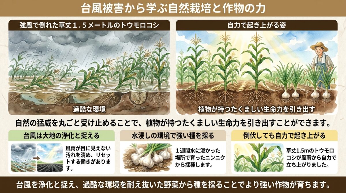 【自然栽培】台風でハウスが崩壊しても前向きでいられる理由とは?圃場の被害状況と作物の力強さ