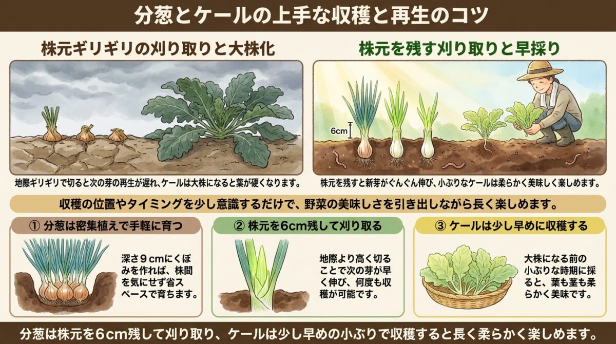 自然栽培で育てる分葱とケール|収穫のポイントと再生栽培のコツ