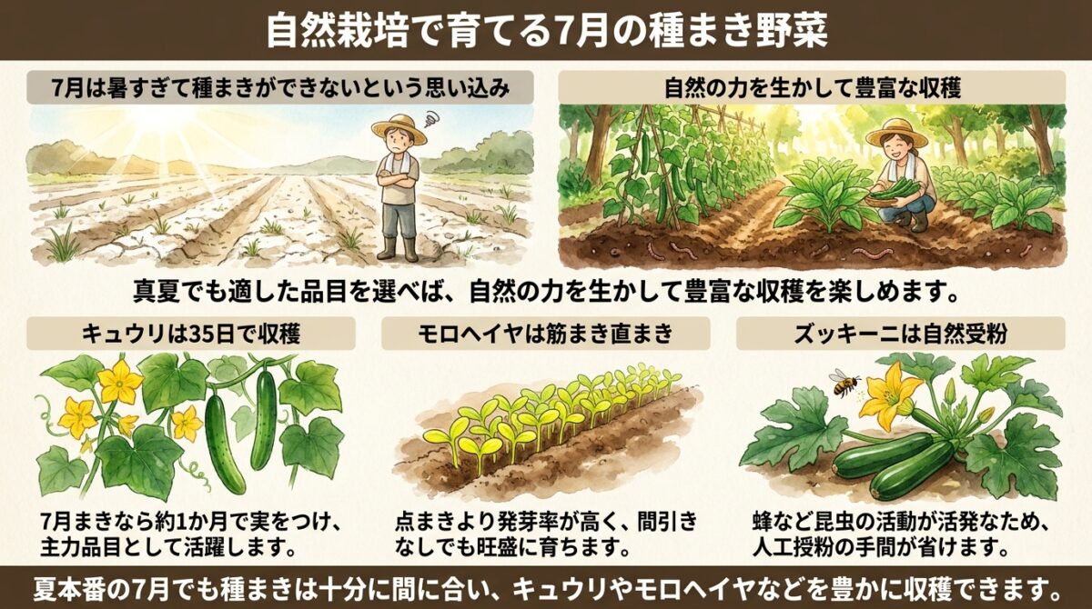 自然栽培で育てる7月の種まき野菜|おすすめ品目と今橋さんの実践記録