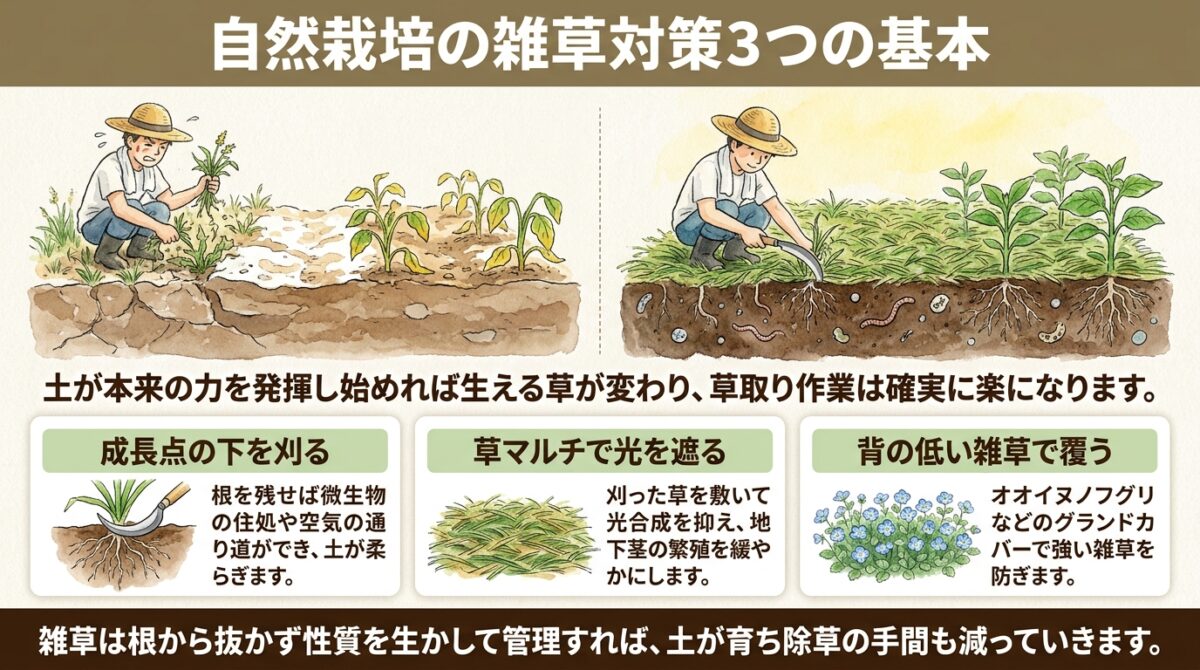 【自然栽培】雑草を抑える3つの基本対策と土が変化する仕組み