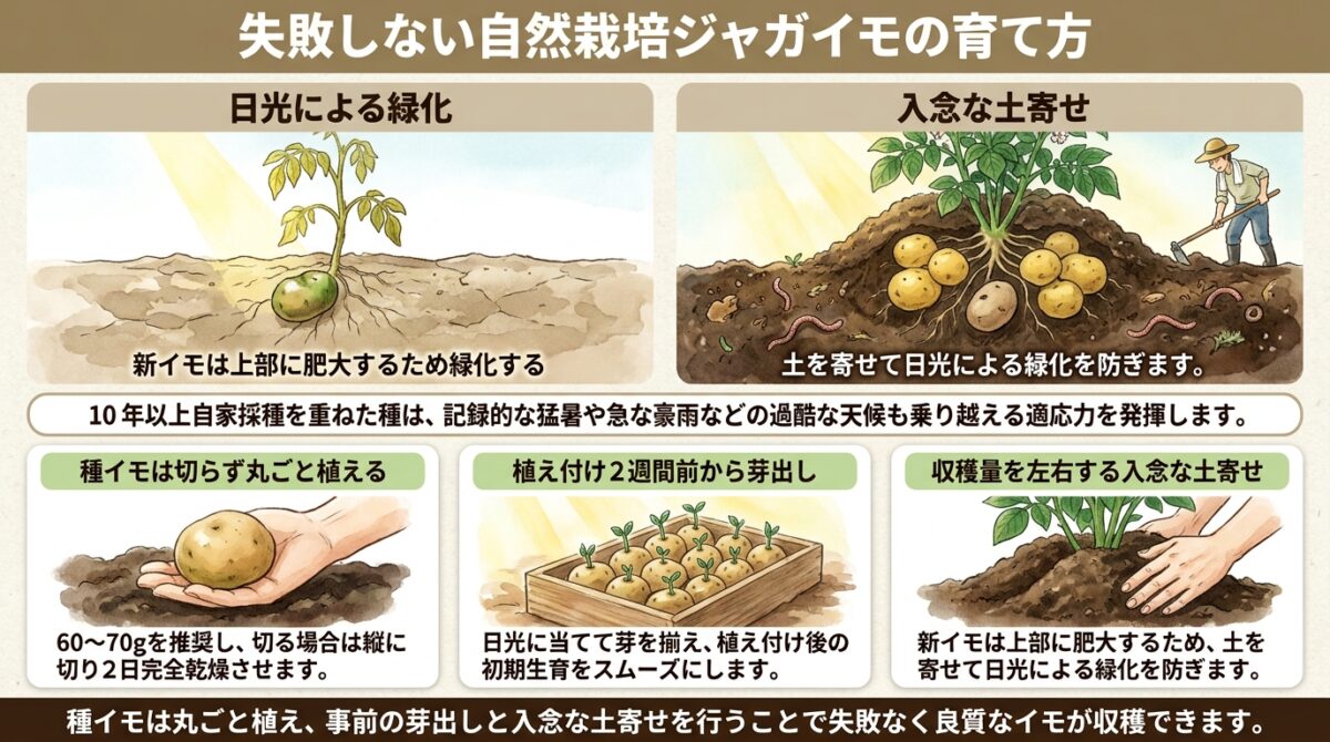 【自然栽培】ジャガイモの植え付けから収穫まで。失敗を防ぐ栽培管理の要点