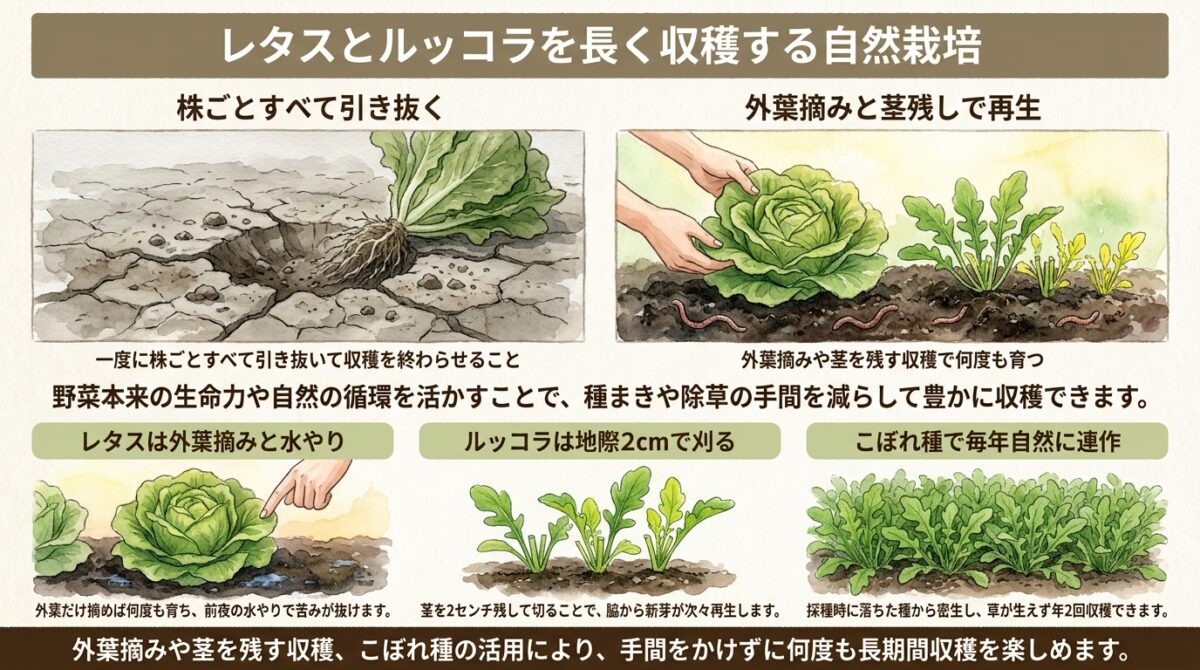 自然栽培のレタスとルッコラ|何度も収穫する工夫とこぼれ種を活かす栽培法