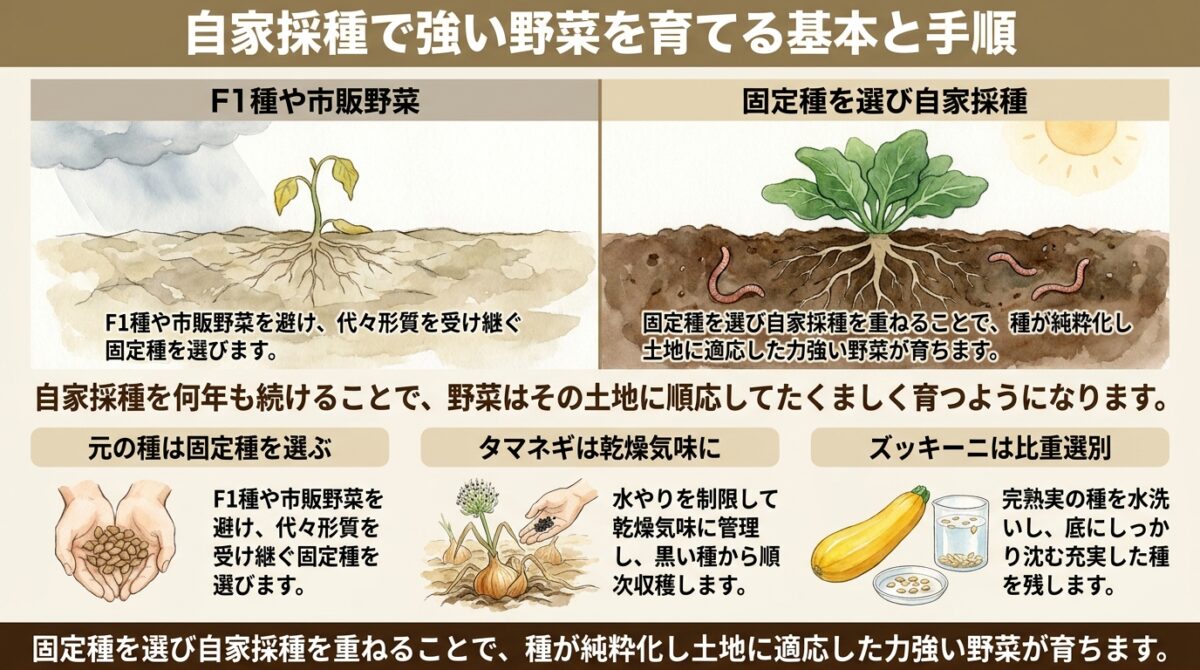 自家採種で強い野菜を育てる方法|タマネギとズッキーニの種採り手順
