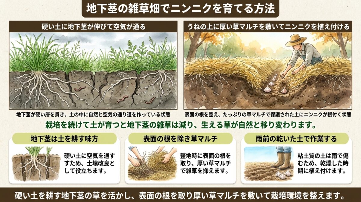 地下茎の雑草が生える畑をどう活かすか?自然栽培での畝作りとニンニクの植え付け実演