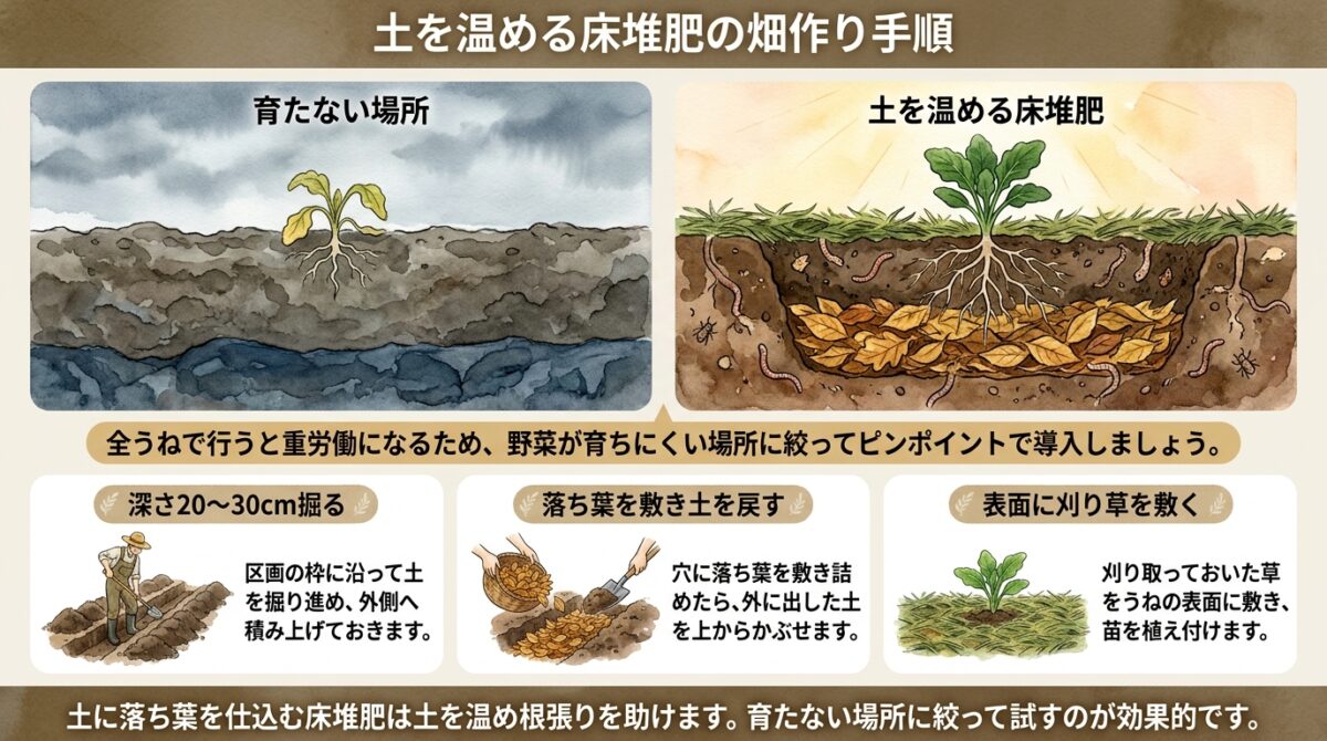 ゼロからの畑作り!土を温めて野菜を育てる「床堆肥」の手順と効果