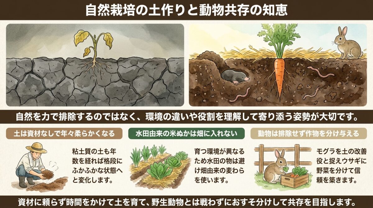 自然栽培における土作りと動物との共存法|米ぬかボカシの考え方や畝の亀裂対策
