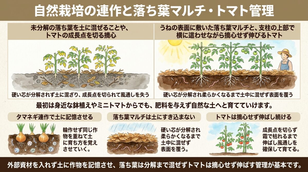 自然栽培の連作と落ち葉マルチ・トマト管理
