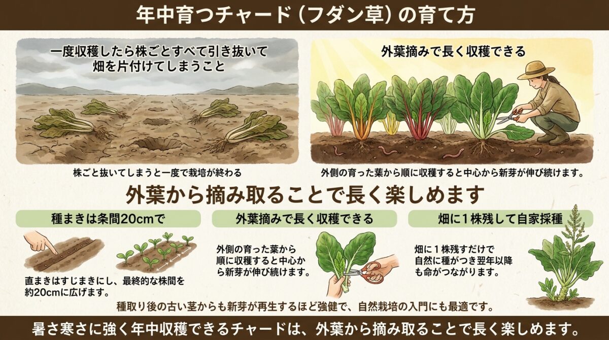 【自然栽培】フダン草(チャード)の育て方と収穫のコツ|暑さ寒さに強く年中育つ葉物野菜